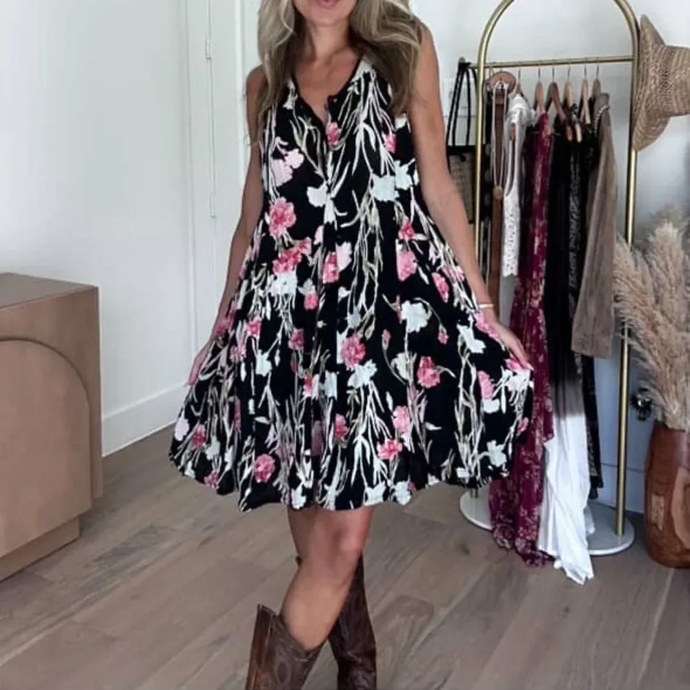 Vintage Starina Floral Sleeveless Dress - Black and Pink